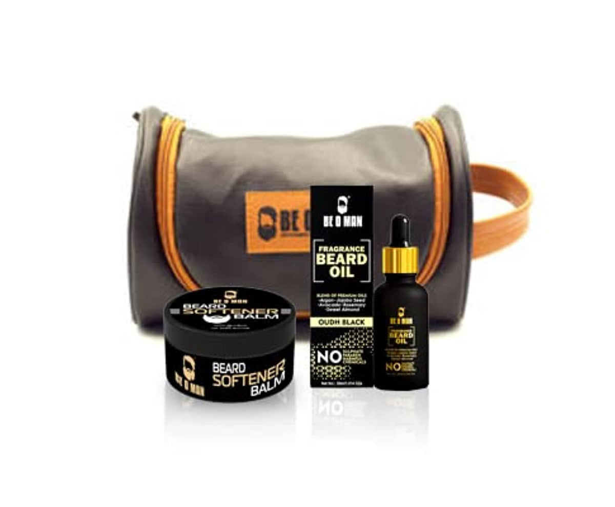 Be O Man Combo of Leather Pouch Kit Beard Softener Balm for Grooming Men’s Facial Hair, 50G and Fragrance Beard Oil, 30 ml