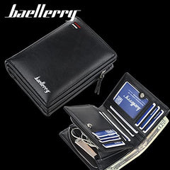 Baellerry short travel wallet Vintage mini bifold wallet zipper card holders coin purse leather wallet (BLACK)