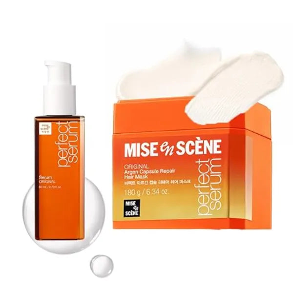 Mise En Scene Perfect Serum Original & Hair Masks SET Heat Protectant Hair Oil for Frizzy & Dry Argan Oil Visibly Smooths & Softens Protein Hair Mask Argan Capsule for Damaged Hair