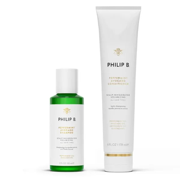 PHILIP B Peppermint Avocado Conditioner 6oz + Peppermint Avocado Shampoo 2oz Set - Volumizing & Clarifying, Oil and Eucalyptus Invigorates the Scalp With a Tingly Sensation