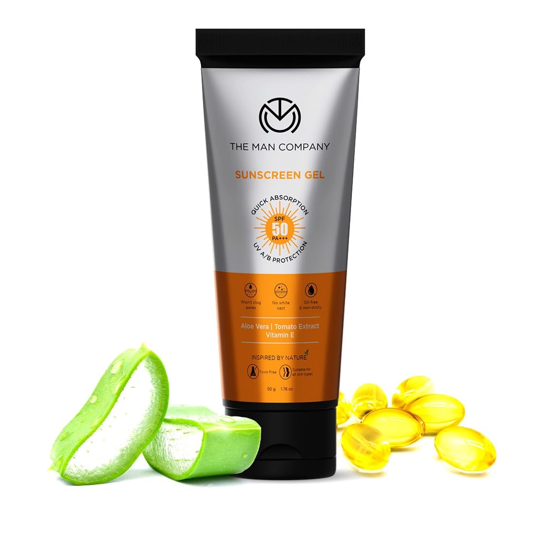 The Man Company Oil-Free Sunscreen Gel SPF 50 PA+++ For Men- 50gm | Infused with Aloe Vera, Tomato Extract & Vitamin E | UV A/B Protection | No White Cast & Quick Absorption | For Oily Skin