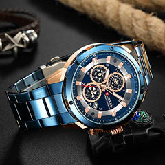 CURREN Watch Men's Luxury Quartz Watch Men's Calendar Chronograph All Stainless Steel Waterproof Watch (Blue)