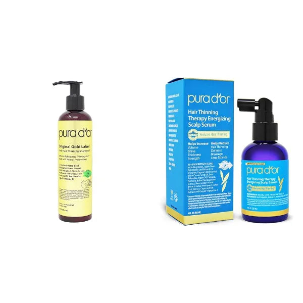 PURA D'OR Original Gold Label Anti-Thinning Biotin Shampoo Natural Earthy Scent & Scalp Therapy Energizing Scalp Serum Revitalizer (4oz) with Argan Oil