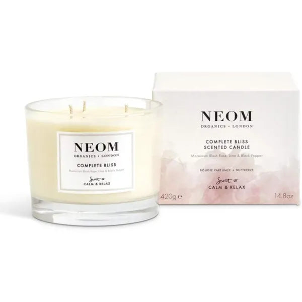 NEOM Complete Bliss Scented Candle, 3 Wick | Blush Rose, Lime & Black Pepper | Essential Oil Aromatherapy Candle | Scent to De-Stress
