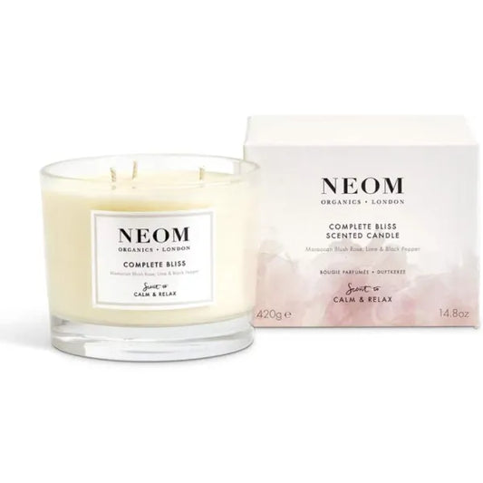 NEOM Complete Bliss Scented Candle, 3 Wick | Blush Rose, Lime & Black Pepper | Essential Oil Aromatherapy Candle | Scent to De-Stress