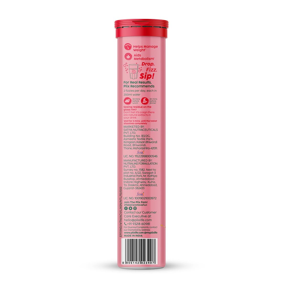 PLIX - THE PLANT FIX Apple Cider Vinegar with Mother | Vitamin B6 & B12 | Watermelon Flavour | 15 Effervescent Tablets, Pack of 1