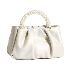 Beatfull Evening Purse Women Small Pearl Handbags Soft Leather Ruched Bag Wedding Bridal Clutch Party Prom Crossbody Purses - White