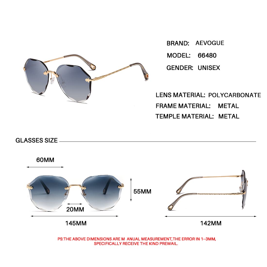 AEVOGUE Sunglasses For Women Oversized Rimless Diamond Cutting Lens Sun Glasses AE0534
