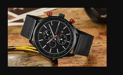 CURREN Men's Chrono Watch Black Stainless Steel Case Black Dial 3 Subdial Calendar Window Black Stainless Steel Bracelet