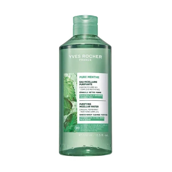 Yves Rocher Pure Menthe Purifying Micellar Water Makeup Removing Cleansing Water with Organic Peppermint Refreshing Face Cleanser for Oily Skin 400 ml/13.5 fl.oz