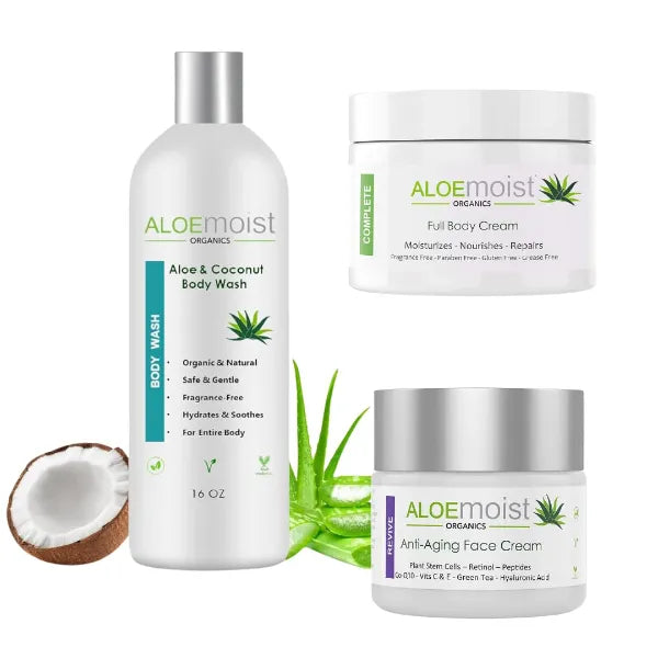 AloeMoist Organics Natural Aloe Vera Body Lotion - Face & Body Moisturizing Cream, Anti-Aging Retinol Cream for Face, Organic Body Wash Moisturizing Shower Gel