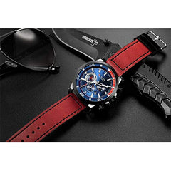 Curren Quartz Analog Watch Leather Band Wristwatch with Date Display, 8310 - Red