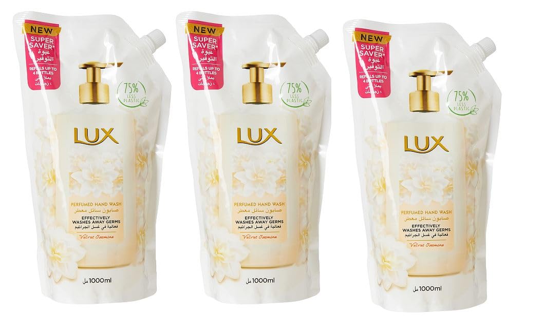 LUX Perfumed Hand Wash Refill Pouch, for all skin types, Velvet Jasmine, glycerin enriched liquid soap, 1000ml x 3