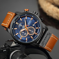 Curren Quartz Analog Watch Leather Band Waterproof Wristwatch with Date Display, 8291 - Black, Blue