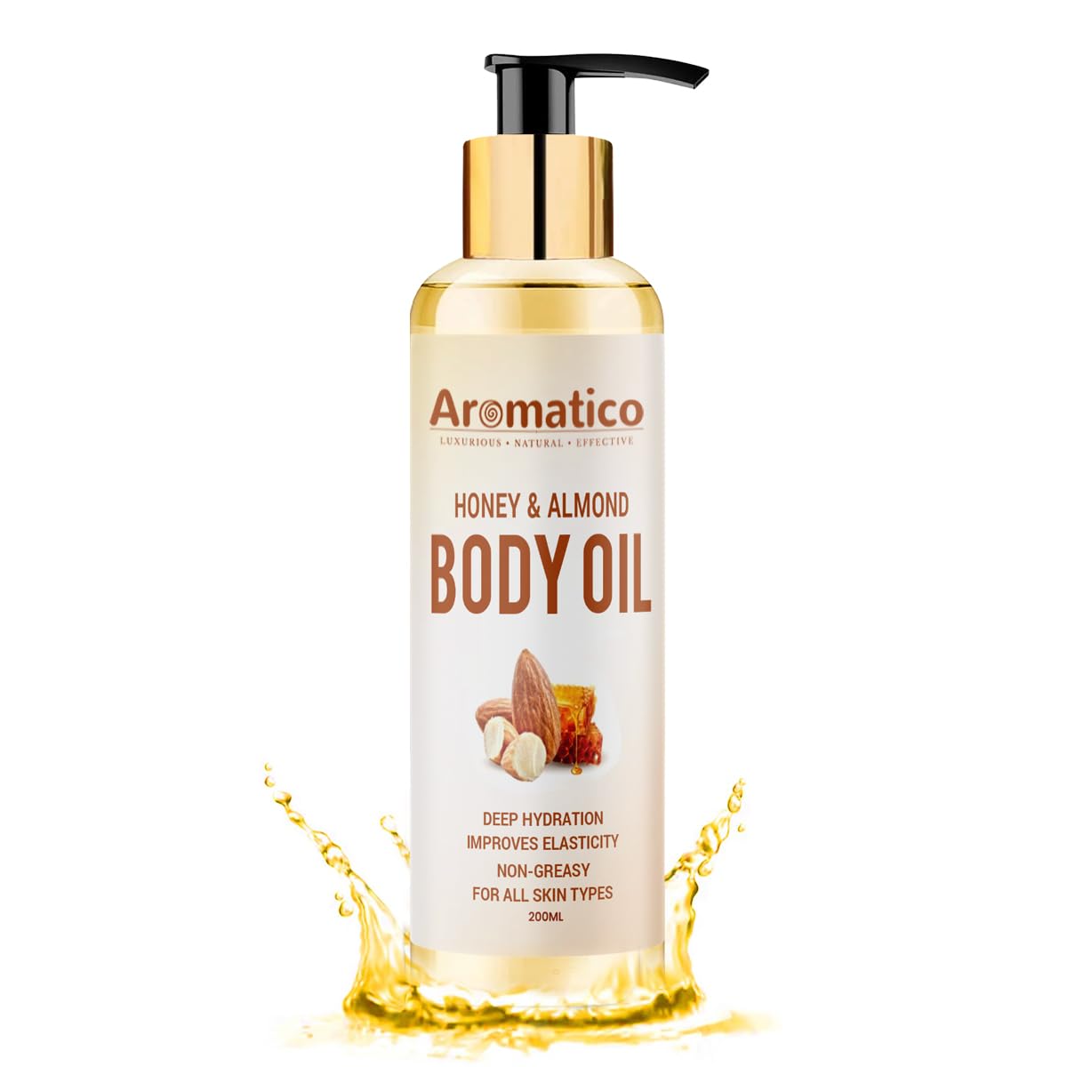 AROMATICO Luxurious Body Oil for Women, Honey & Almond. Hydrating & Nourishing, for Daily Use After Shower, Bath Oil, Massage Oil. Glowing Skin Formula. Non-Greasy, 100% Natural- 200ml