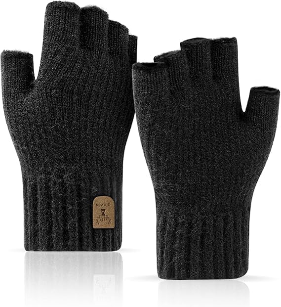 HZYH Fingerless Gloves Half Finger Gloves Winter Warm Knitted Gloves Working Running Biking Driving for Men and Women - Black