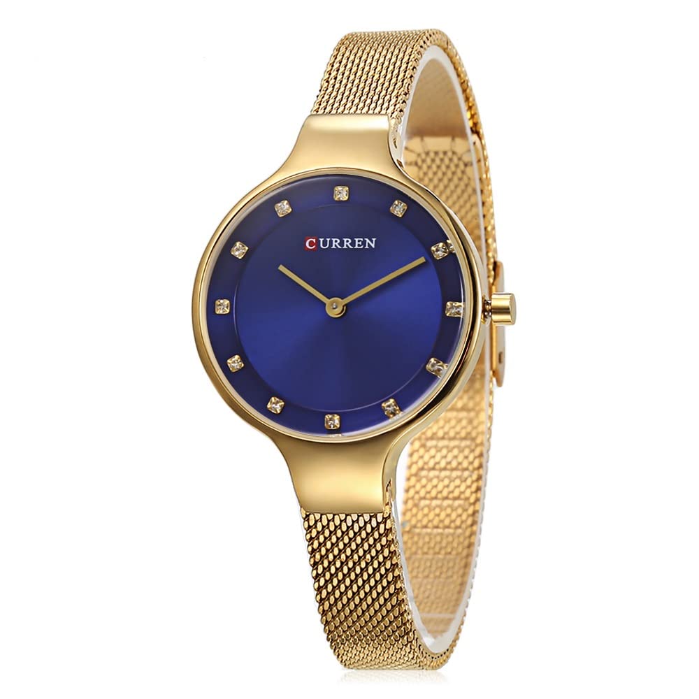 CURREN Ladies analog watch gold stainless steel case blue dial gold stainless steel bracelet