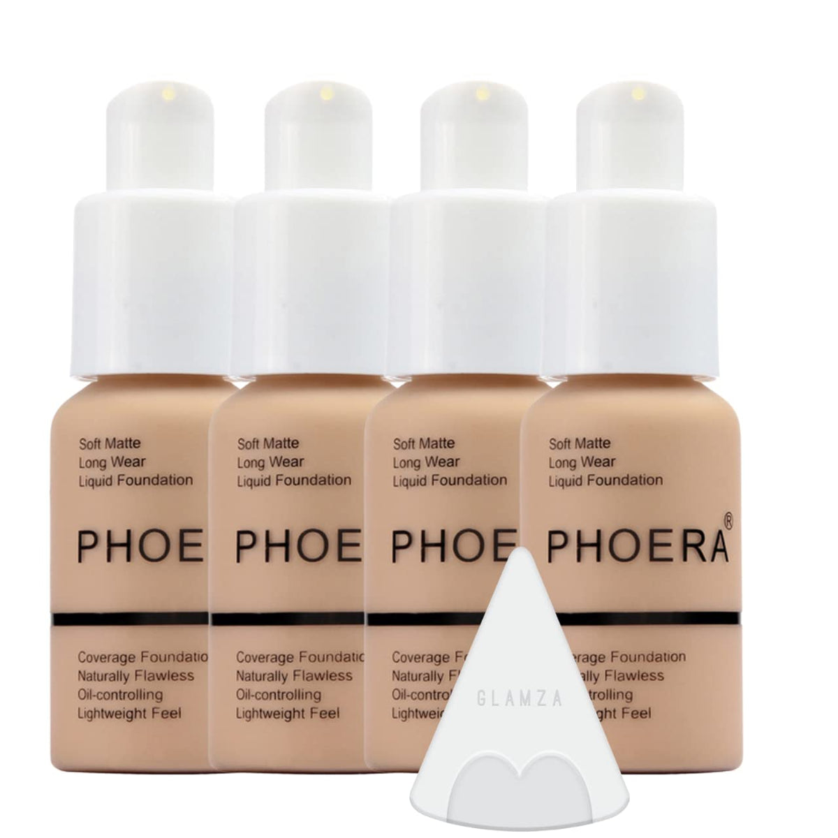 Glamza Phoera Foundation Full Coverage Makeup Set - 24hr Long Lasting Oil Control - Soft Smooth Matte Flawless Concealer Cream - Inc x4 30ml Foundation & Silicone Blender Sponge (104 Buff Beige)