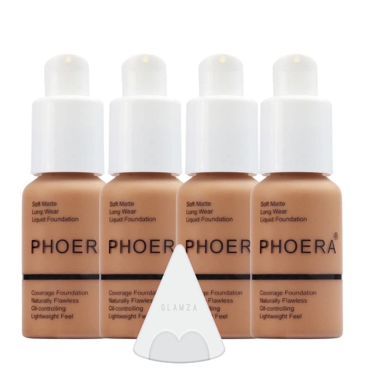 Glamza Phoera Foundation Full Coverage Makeup Set - 24hr Long Lasting Oil Control - Soft Smooth Matte Flawless Concealer Cream - Inc x4 30ml Foundation & Silicone Blender Sponge (107 Honey)