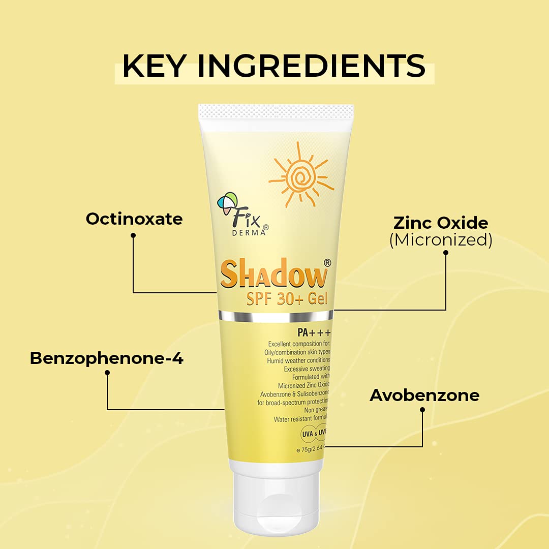 Fixderma Shadow Sunscreen SPF 30+ Gel PA+++ | for Oily Skin SPF 30 | Sunscreen for Body & Face | Broad Spectrum Sunscreen for UVA & UVB Protection - Women & Men | Non Greasy & Water Resistant - 75gm