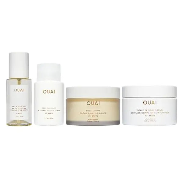 OUAI St Barts Travel Bundle Includes Travel Size Scalp & Body Scrub, Foaming Shower Gel, Hydrating Cream, and Hair & Body Mist