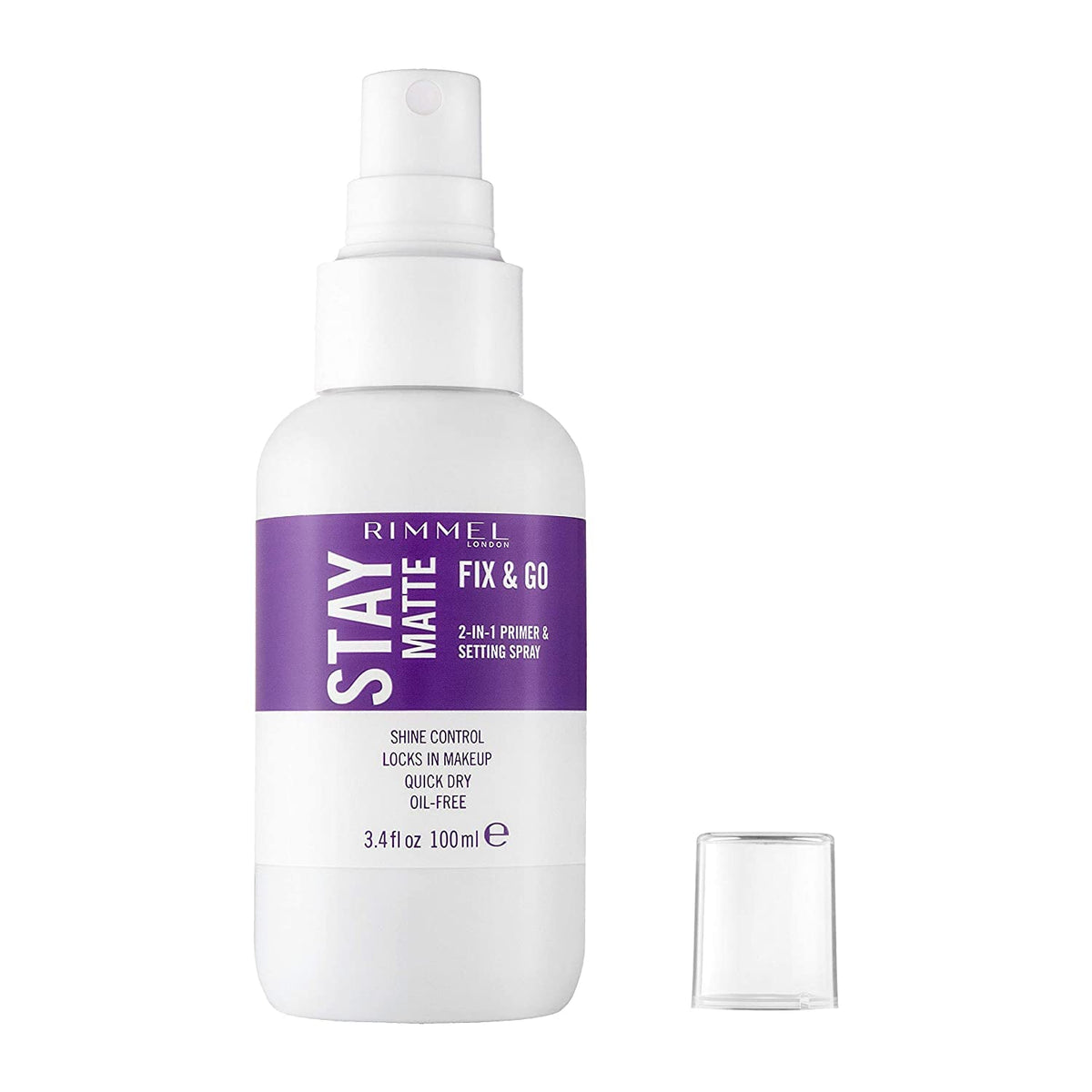 Rimmel London Stay Matte Fix & Go - 001 Transparent - 2-in-1 Primer & Setting Spray, Oil-Free, Locks Makeup into Place, Soothes Skin, 3.3 oz