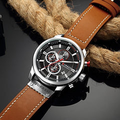 CURREN Men Leather Strap Military Watches Men's Chronograph Waterproof Sport Wrist Date Quartz Wristwatch Gifts, silver black, Chronograph,Quartz Movement - Brown
