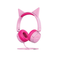Promate Kids Headphones, HD Stereo Wired Headphones with 85dB-95dB Safe Volume Control, Detachable Cat Ears, AUX Sharing Port, Foldable Headband and Built-in Mic for iPhone 13 - BUBBLEGUM