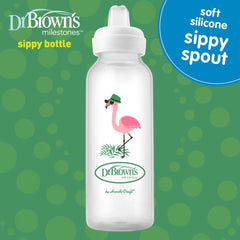 Dr. Brown's Milestones™ Narrow Sippy Bottle, 100% Silicone Soft Sippy Spout, 8oz/250mL, Flamingo & Bunny, 6m+