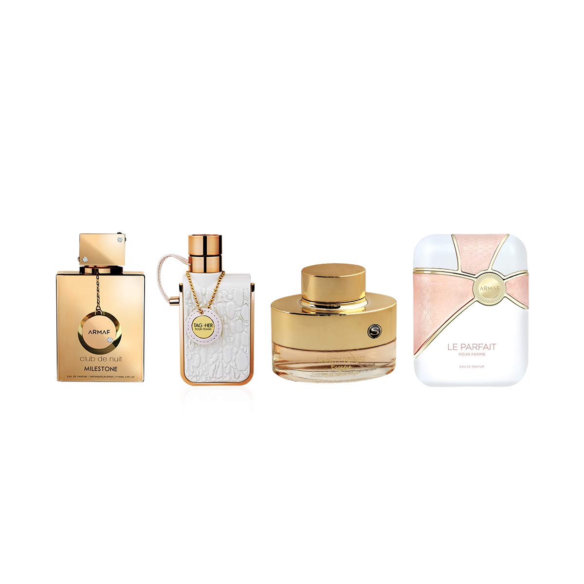 Armaf Women Perfumes Signature Collection 4 Piece Gift Set, Club De Nuit Milestone 105ml EDP + Tag Her 100ml EDP + Pour Femme Le Parfait 100ml EDP + Vanity Femme Essence 100ml EDP - perfume for woman