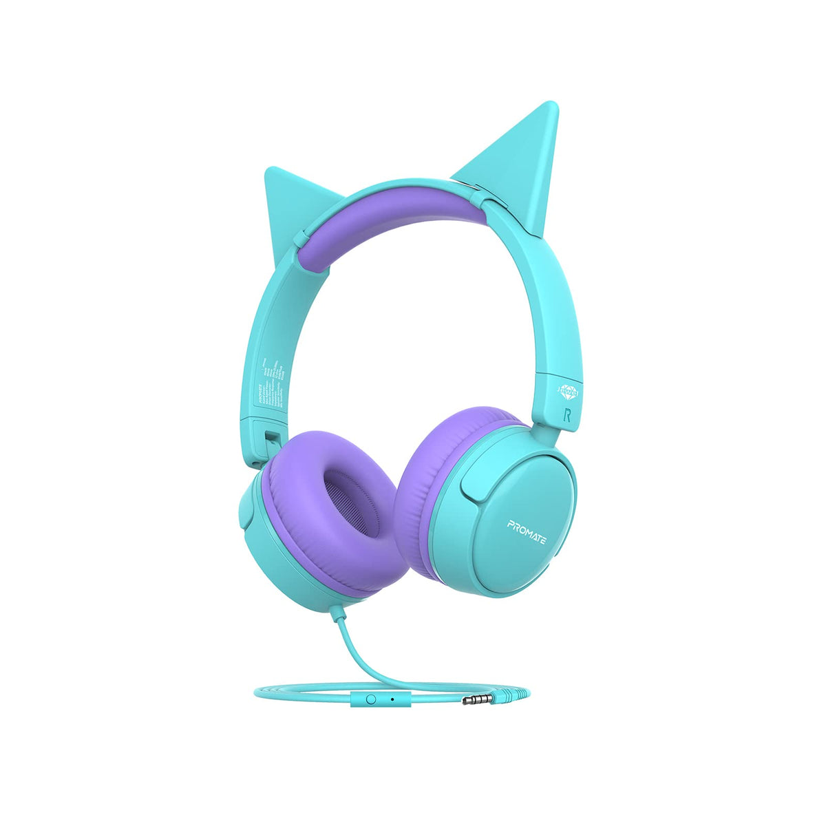 Promate Kids Headphones, HD Stereo Wired Headphones with 85dB-95dB Safe Volume Control, Detachable Cat Ears, AUX Sharing Port, Foldable Headband and Built-in Mic for iPhone 13 -  AQUA