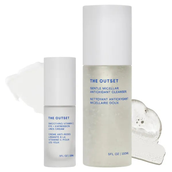 The Outset Micellar Antioxidant Gel Face Wash, Hydrating Facial Cleanser, Makeup Remover - 5 fl oz + Vitamin C Smoothing Eye + Expression Lines Cream - Wrinkle Reducing, Fragrance Free - 0.5 fl oz
