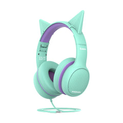 Promate Foldable Wired Over-Ear Headphones with Safe Volume Limited to 85dB, 3.5mm AUX Sharing Port, 1.2m Tangle-Free AUX Cable, Detachable Cat Ears and Soft Earmuffs, Simba Emerald
