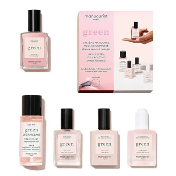 Manucurist System Green Pink Hortencia Professional Manicure Set, Vegan & Plant Based 1 Nail Prep, 1 Base Coat, 1 Pink Nail Polish, 1 Top Coat, Drying Drops No Lamp Beauty Gift For Woman