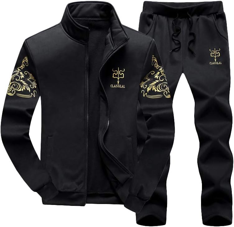 PASOK Men's Casual Tracksuit Full Zip Running Jogging Athletic Sports Jacket and Pants Set - Black