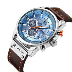 CURREN Mens Water Resistant Sport Chronograph Watches Military Multifunction Leather Quartz Wrist Watches (Silver Blue), silver blue, Chronograph,Quartz Movement