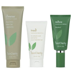 BioClarity 3-Step Acne Routine, Full Size, for Oily or Acne-Prone Skin, Clean Vegan Ingredients, Includes Cleanser, Salicylic Acid Acne Treatment Gel, Restorative Green Gel