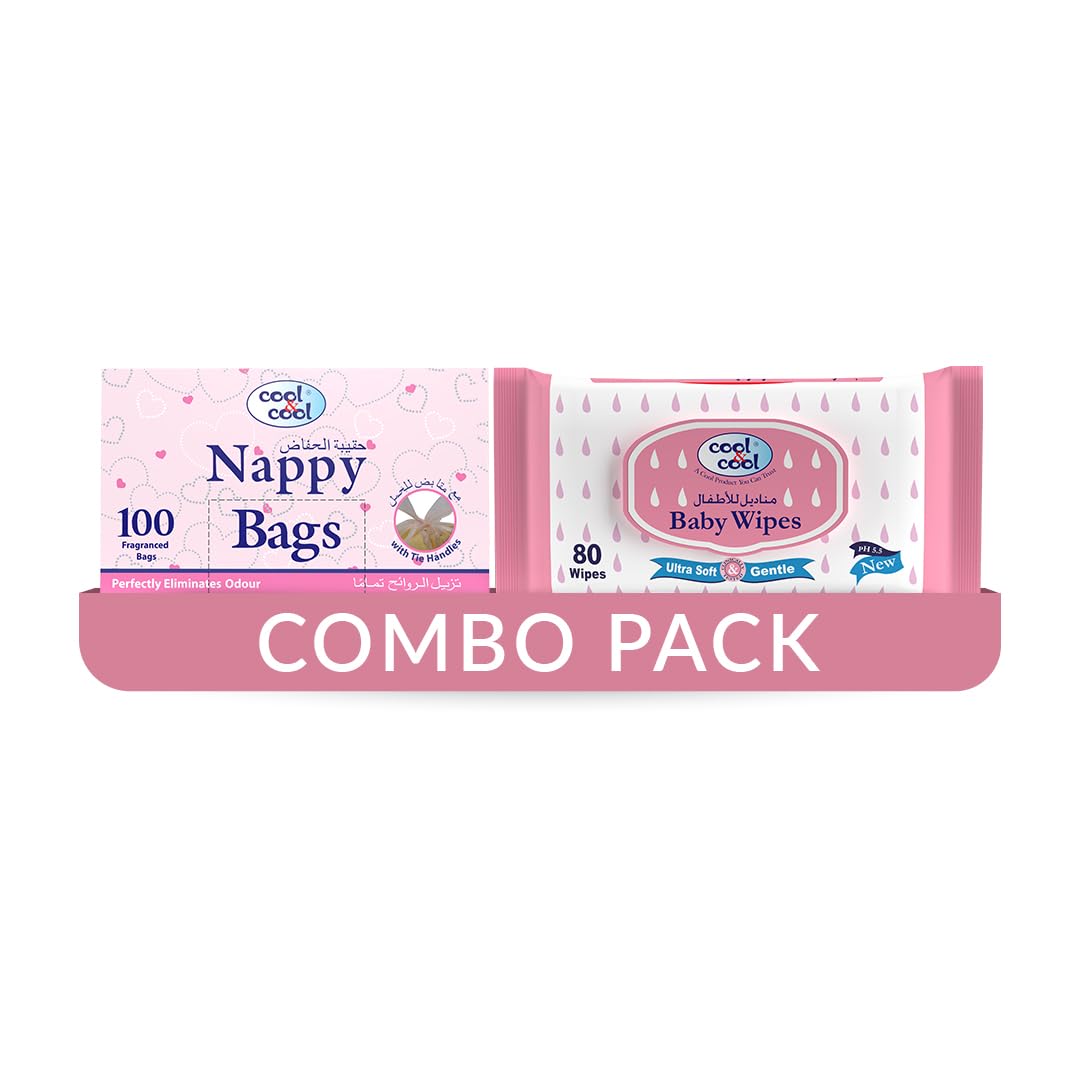 Cool & Cool Nappy Bags 100's- Mildly Scented Diaper Disposable Bags + Baby Wipes 80's - Alcohol Free, Fragrance-Free, Ultra Soft - Combo Pack