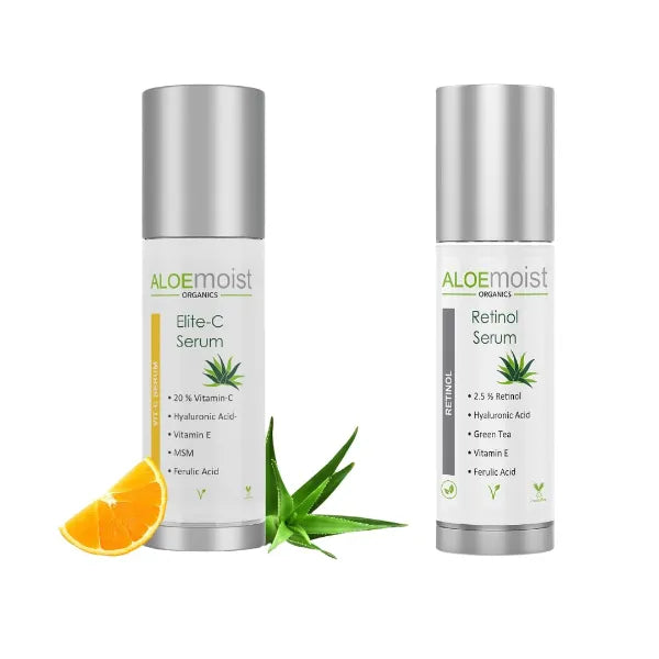 AloeMoist Organics Elite Vitamin C Serum for Face with Hyaluronic Acid and Aloemoist 2.5% Retinol Serum for Face