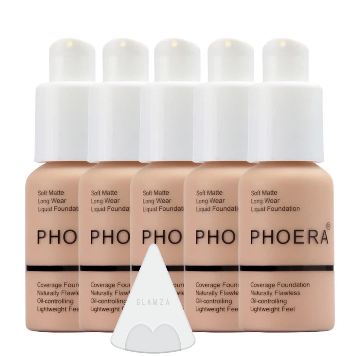 Glamza Phoera Foundation Full Coverage Makeup Set - 24hr Long Lasting Oil Control - Soft Smooth Matte Flawless Concealer Cream - Inc x5 30ml Foundation & Silicone Blender Sponge (103 Warm Peach)