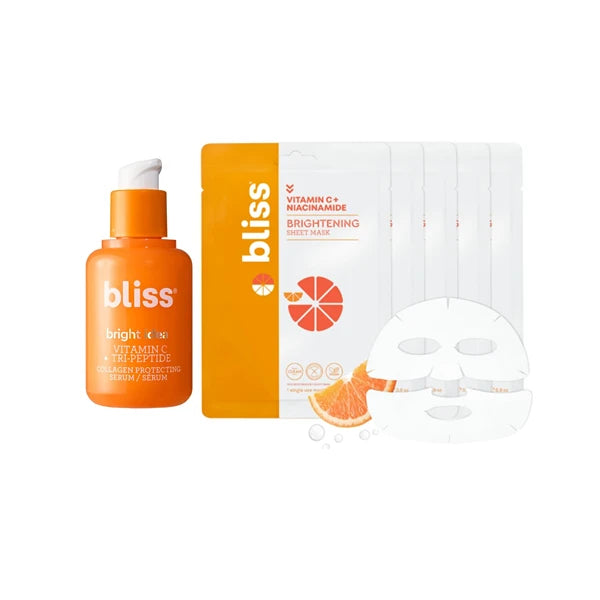 Bliss Vitamin C Glow Boosting Set – Bright Idea Serum with Tri-Peptides (1 oz) + 5-Pack of Vitamin C-Infused Sheet Masks – Brightening & Hydrating Skincare for Radiant, Even-Toned Skin