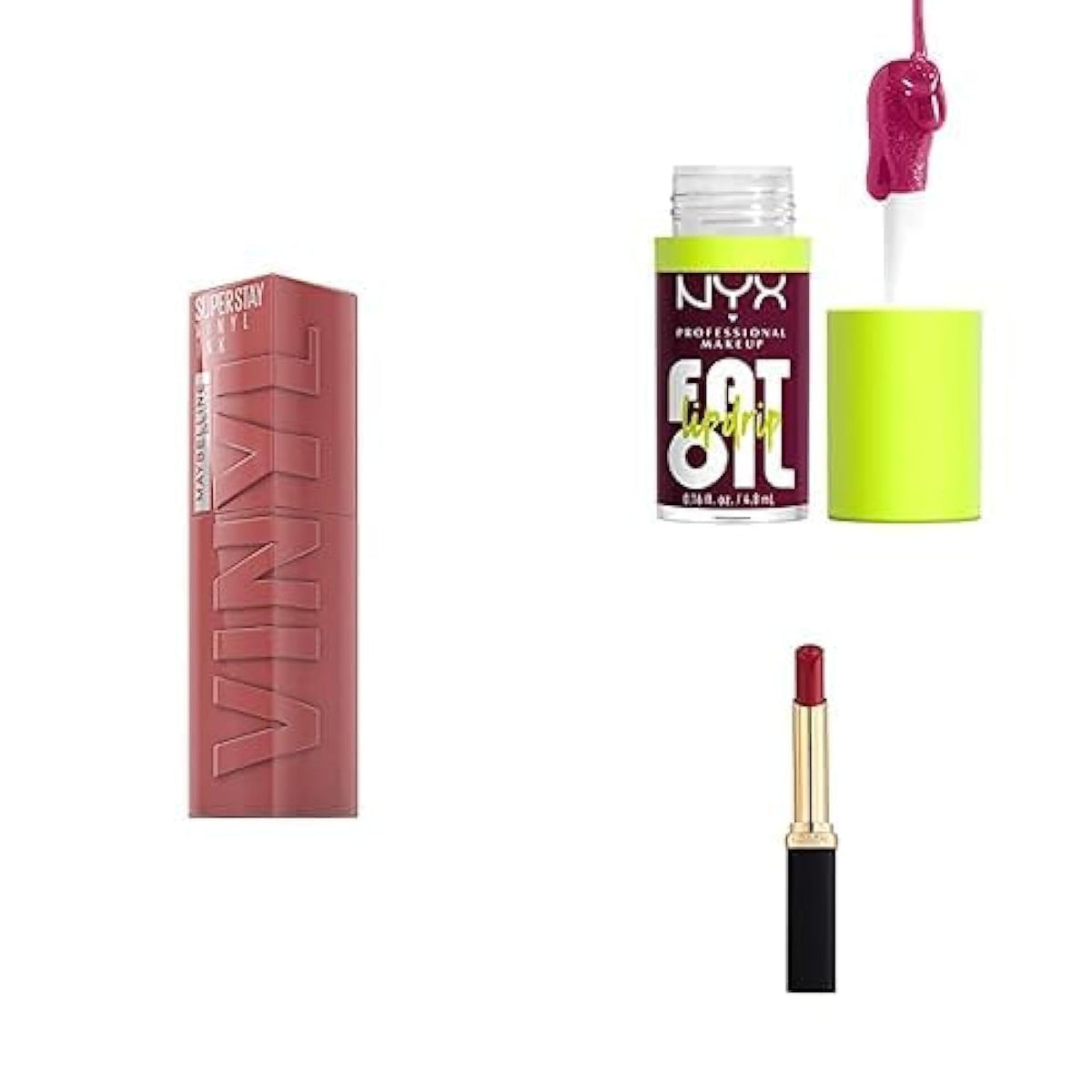 Maybelline New York Vinyl Ink - Cheeky: 16H Longwear lipstick + Nyx Professional Makeup Fat Oil - That’s Chic: Lip Oil comfortable wear + L'Oreal Paris Color Riche Slim-shade 666: 16H matte lipstick