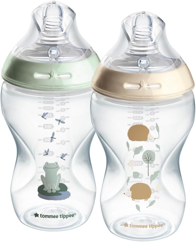 Tommee Tippee Closer To Nature Easi Vent Decorative Milk Feeding Bottle 340 ml, Moon White, Pack Of 2, Transparent/Pink/Grey Bottle, 2 Count (Pack Of 2)