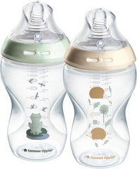 Tommee Tippee Closer To Nature Easi Vent Decorative Milk Feeding Bottle 340 ml, Moon White, Pack Of 2, Transparent/Pink/Grey Bottle, 2 Count (Pack Of 2)