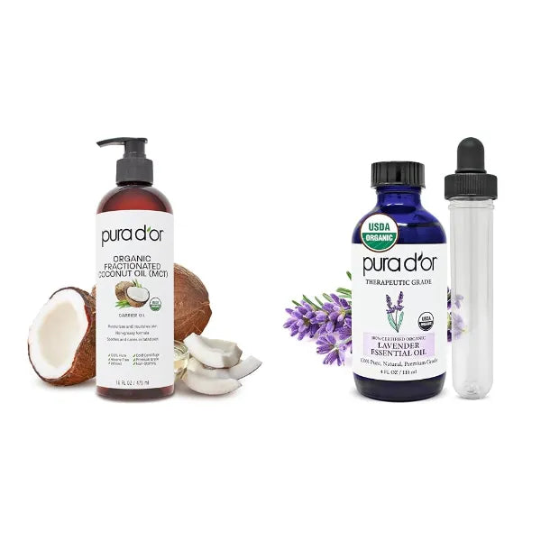 PURA D'OR Organic 16 Oz Fractionated Coconut Oil & 4 Oz Lavender Essential Oil Bundle