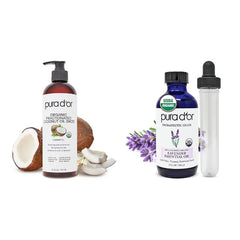 PURA D'OR Organic 16 Oz Fractionated Coconut Oil & 4 Oz Lavender Essential Oil Bundle