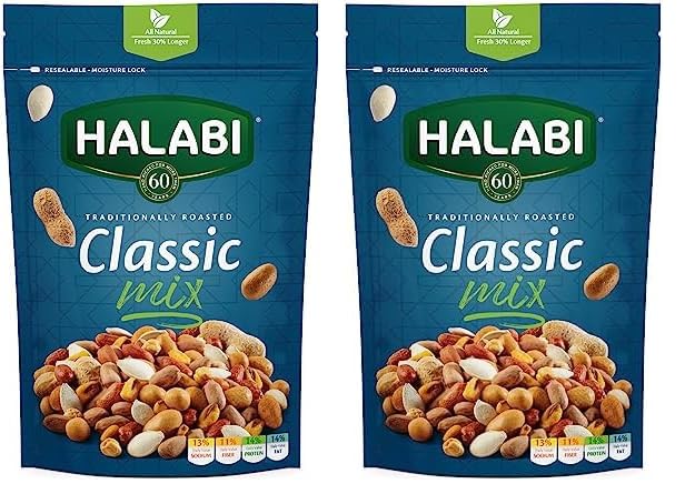 Halabi Classic Mix, Mixed Nuts Peanuts, Pumpkin Seeds, Kri Kri Corns, Chickpeas Healthy Baked Snacks, Resealable Bag - 300g (Pack of 2)