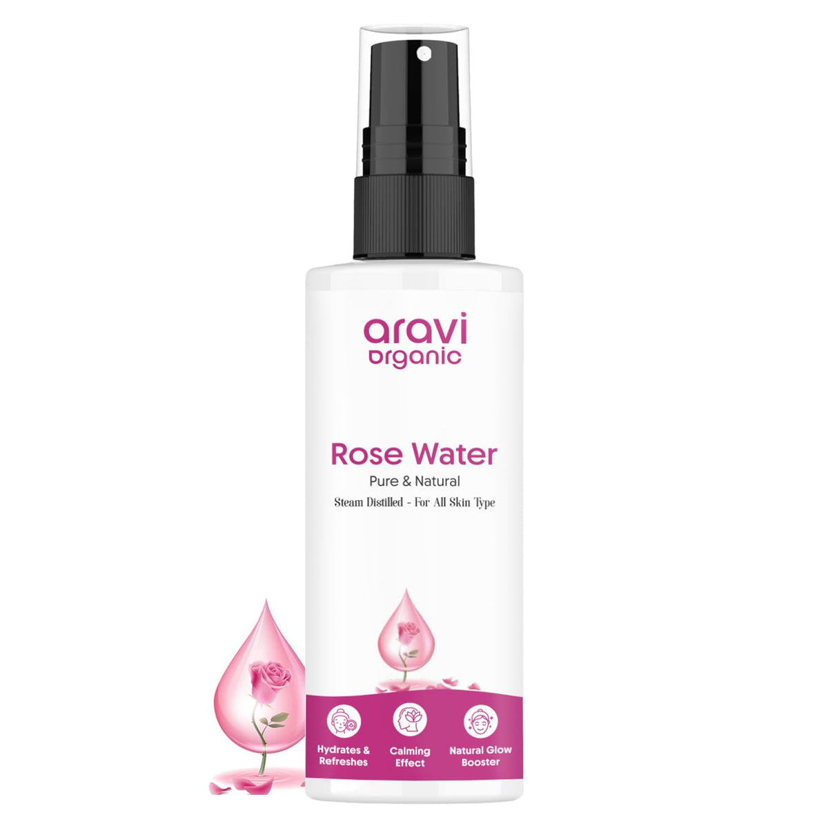 Aravi Organic Pure & Natural Rose Water Steam Distilled Face Spray Toner For Skin, Face & Hair - Hydrates & Refreshes - 150 ml
