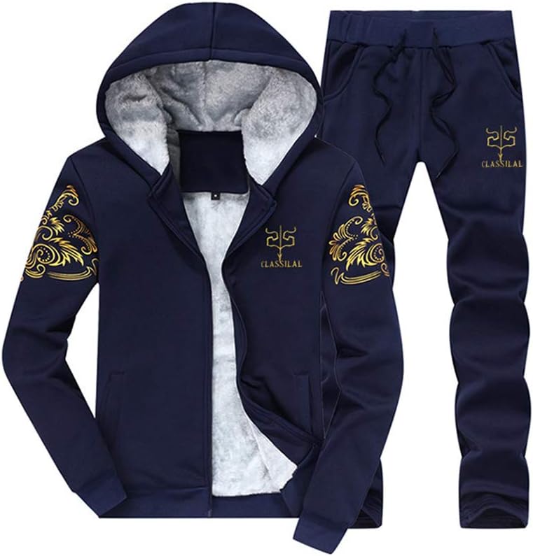 PASOK Men's Casual Tracksuit Full Zip Running Jogging Athletic Sports Jacket and Pants Set - Thicken Blue