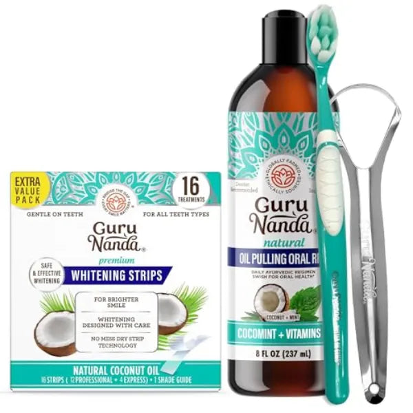 GuruNanda Coconut & Mint Oil Pulling with Tongue Scraper & Teeth Whitening Strips - 16 Day Treatments - Enamel-Safe Strips for Sensitive Teeth, Dry Strip Technology